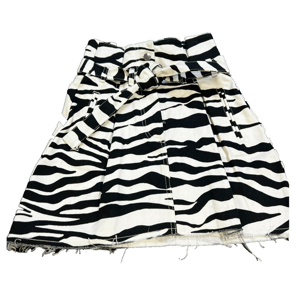 The Attico A-Line Mini Skirt B & W Zebra Print Cotton Pleated Paper Bag Waist 36
